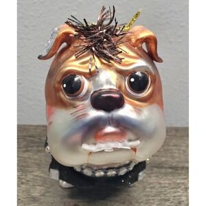 Robert Stanley Hand Blown Glass Bulldog Ornament Leather Crystals Christmas